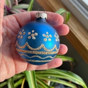 Vtg Shiny Brite BlueChristmas Ornament Gold Glitter Dots & Lines USA MCM *READ*
